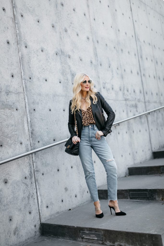 Dallas blogger wearing a leather jacket and jeans