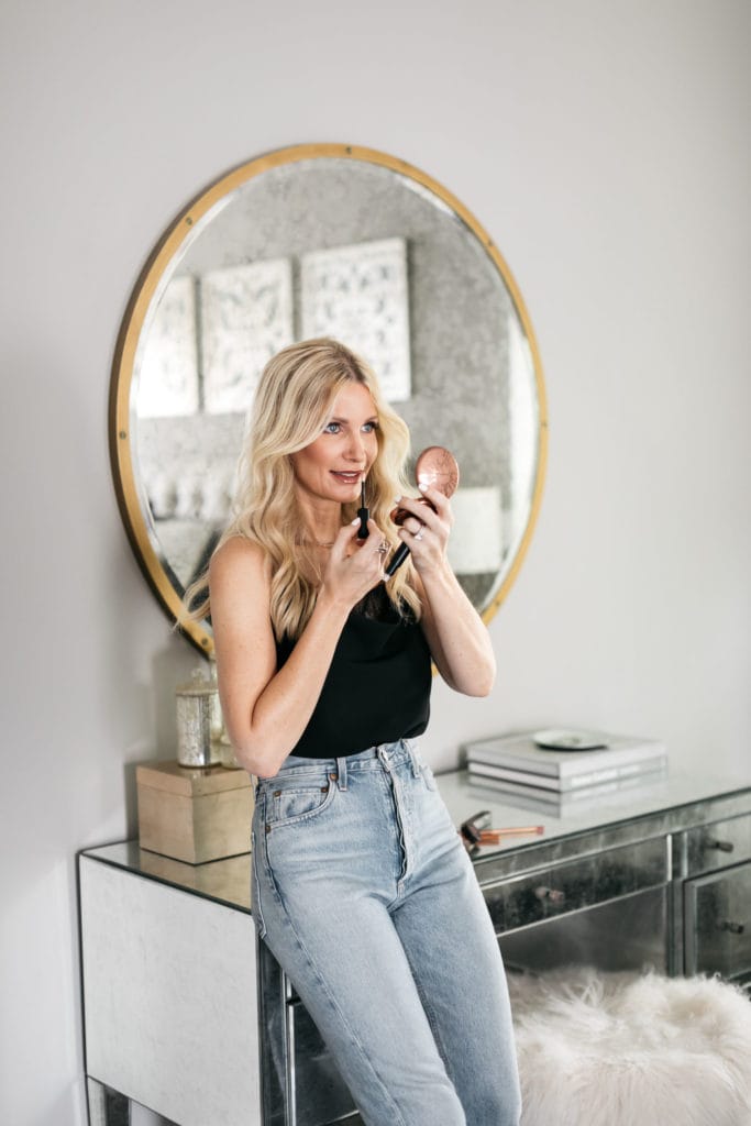 Dallas style blogger wearing light wash denim and Nordstrom beauty makeup