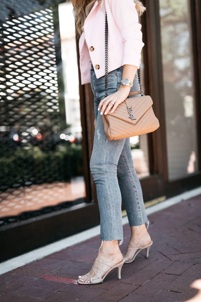 Style influencer wearing a neutral YSL bag and a cropped blazer