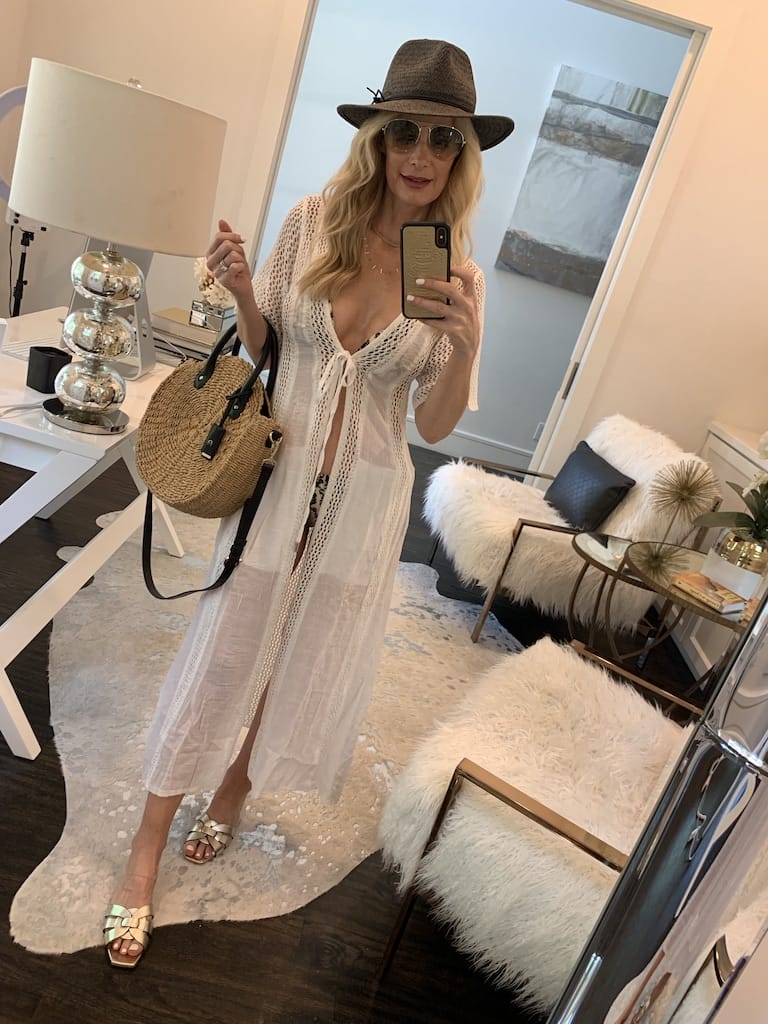 Dallas fashion blogger wearing a white swimsuit kimono cover-up and a straw handbag
