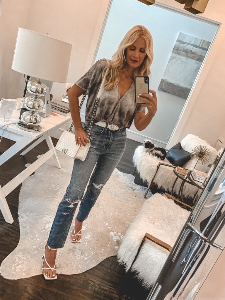 Dallas style blogger wearing vintage denim and a metallic top