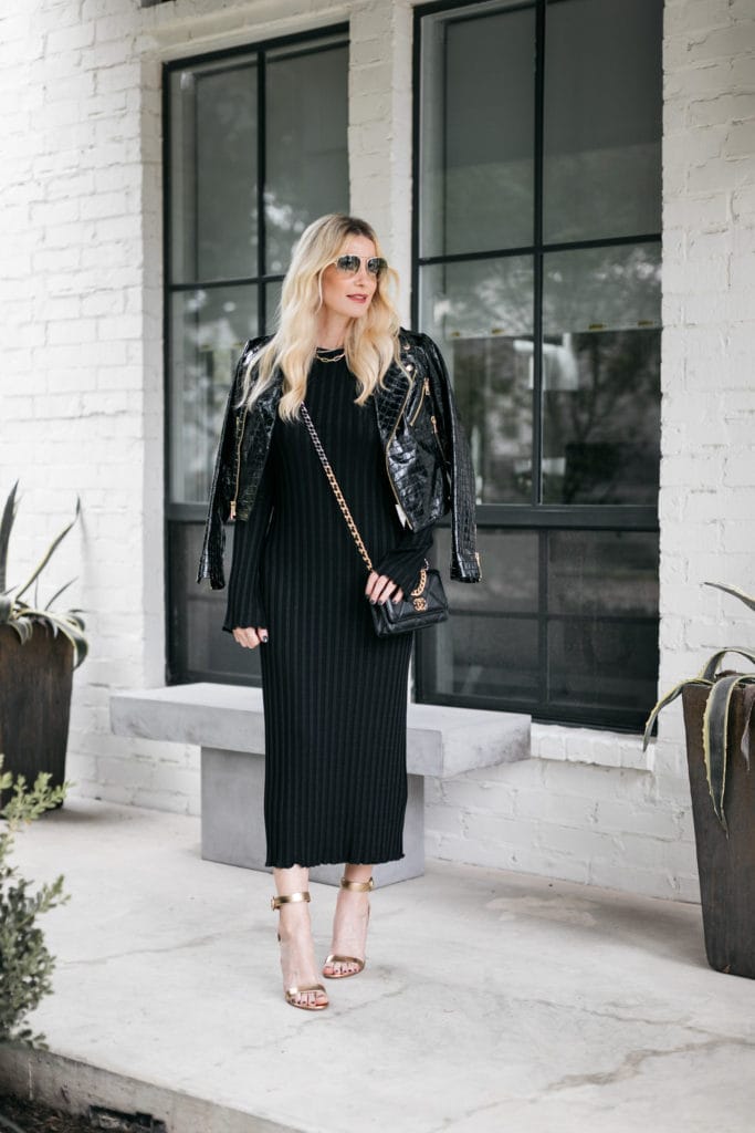 Dallas blogger wearing a leather croc-embossed jacket and a slimming black dress for date night