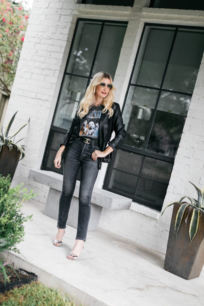 Dallas blogger wearing a leather blazer and a graphic tee with black skinny jeans