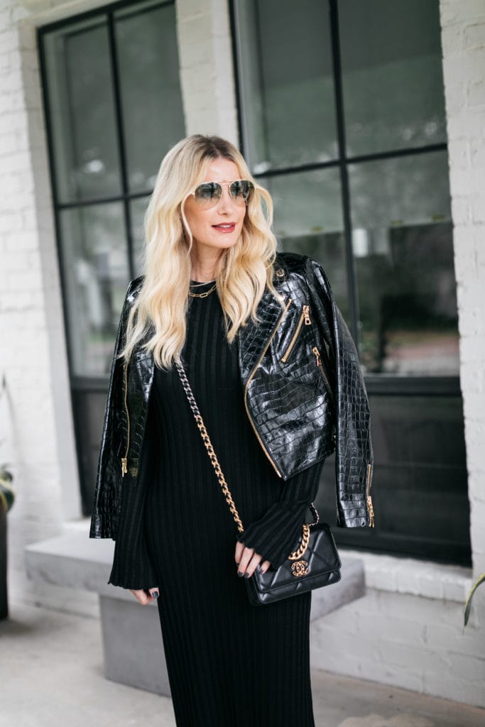 Dallas style blogger wearing a black dress and a black croc-embossed leather jacket for fall