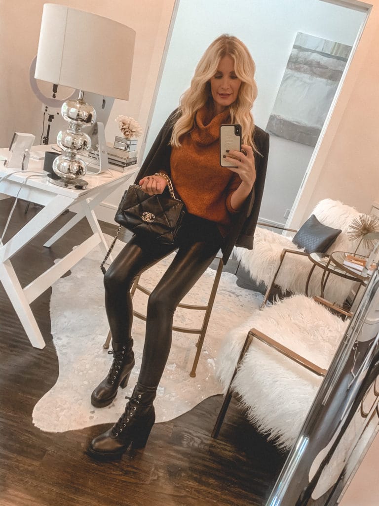 Dallas blogger wearing a rust cowl neck sweater and faux leather leggings by Commando