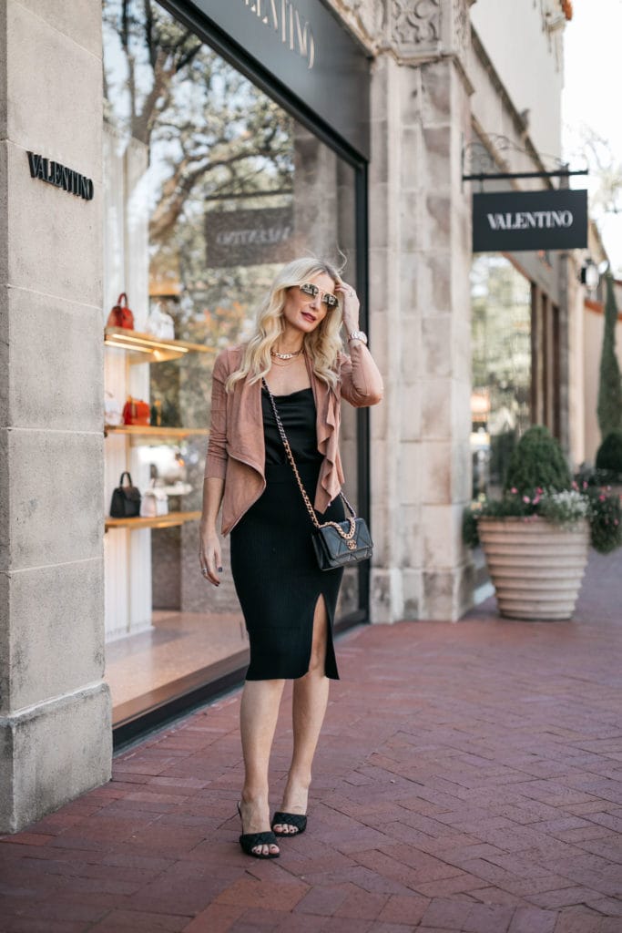 Dallas blogger wearing a suede jacket and a black slip dress for fall