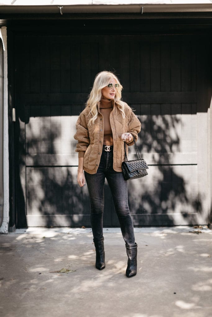 Dallas style blogger wearing a tan colored jacket and black denim in the fall