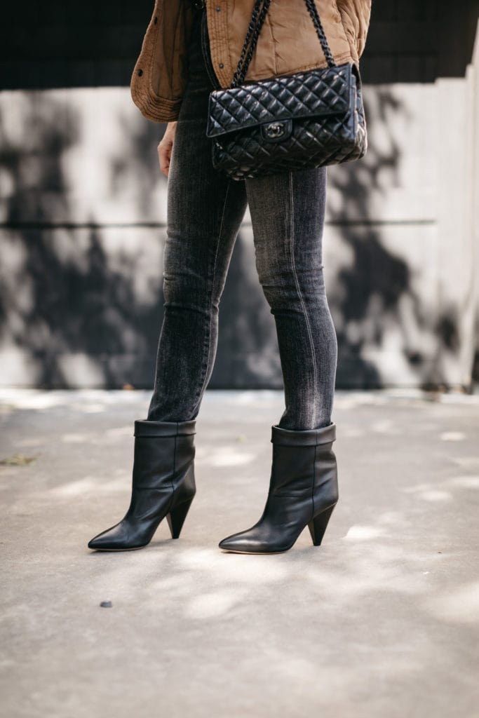 Fashion blogger wearing black ankle bootes and black denim for fall and winter 2020