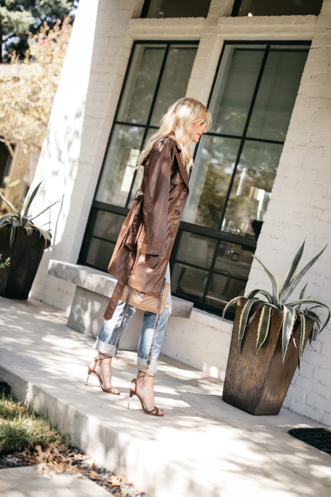 Dallas blogger wearing a faux leather brown jacket for fall | essential fall jackets 2020