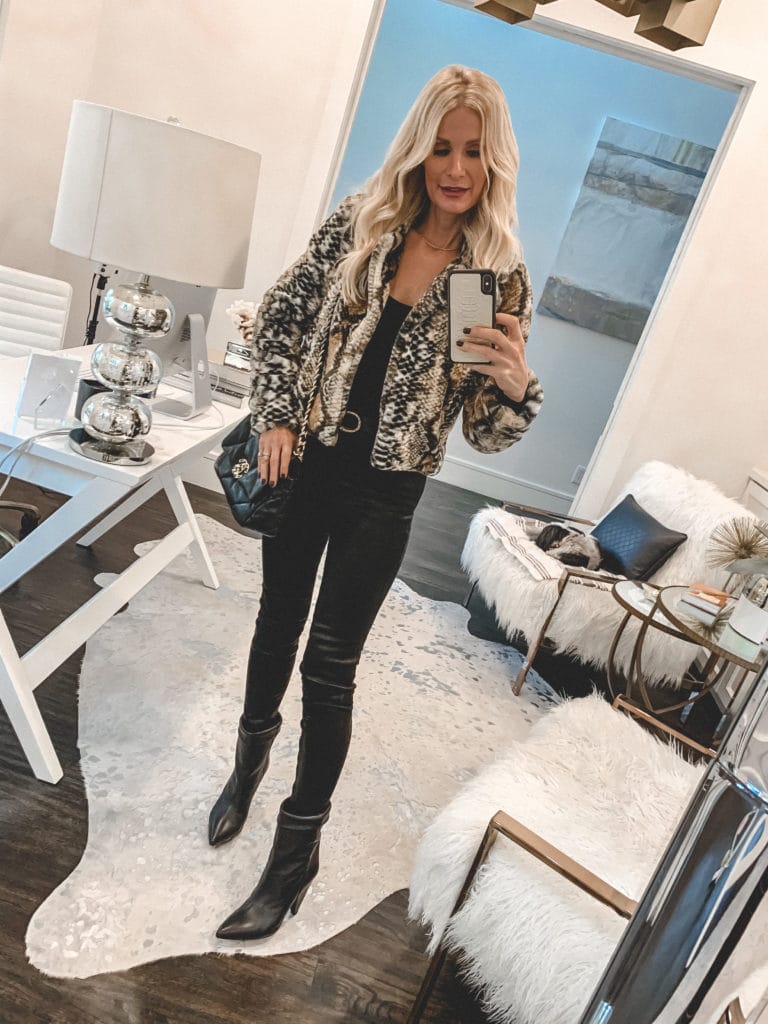 Dallas blogger wearing a snakeskin jacket and a black cami for fall | essential fall jackets 2020