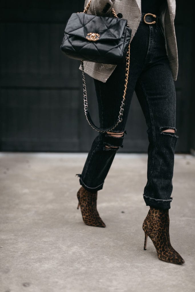 Dallas blogger wearing leopard booties and a quilted leather chanel purse