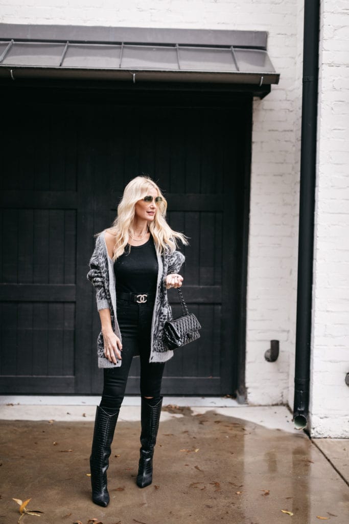 Dallas blogger wearing a grey leopard cardigan and a black tank