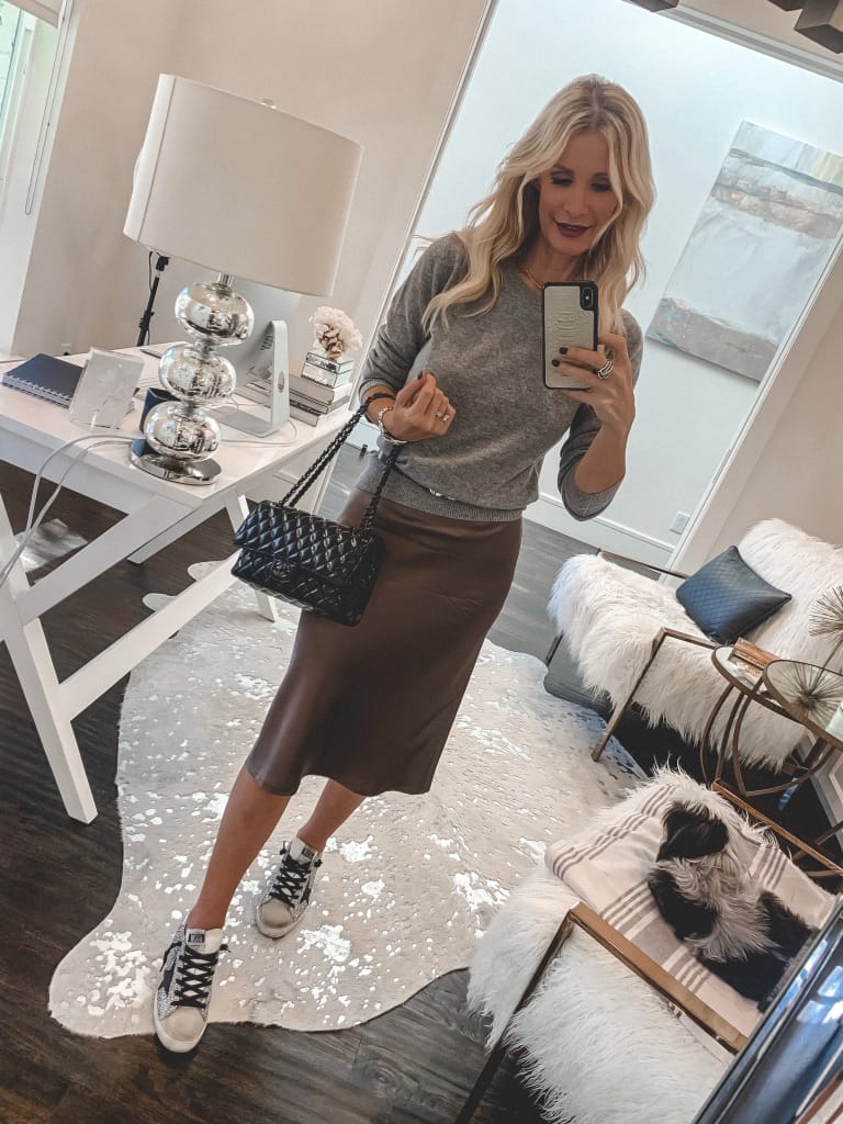 Dallas fashion blogger wearing a cashmere sweater and brown skirt