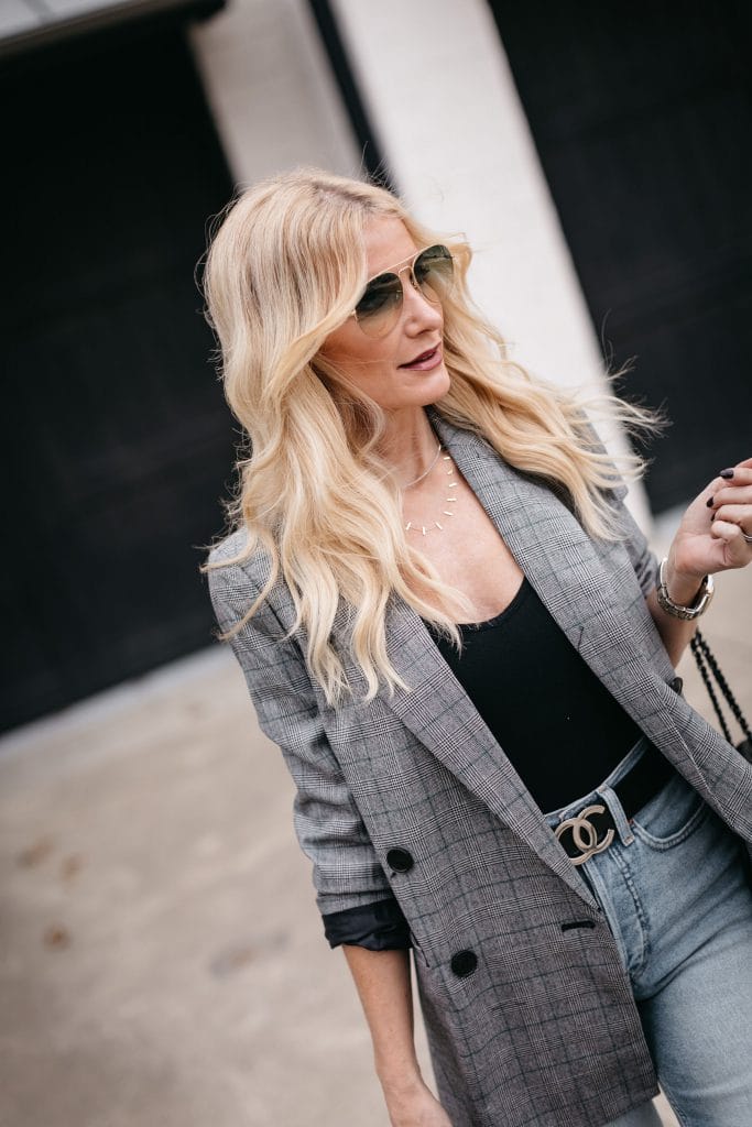 Dallas fashion blogger wearing grey blazer and black bodysuit | wardrobe basic checklist