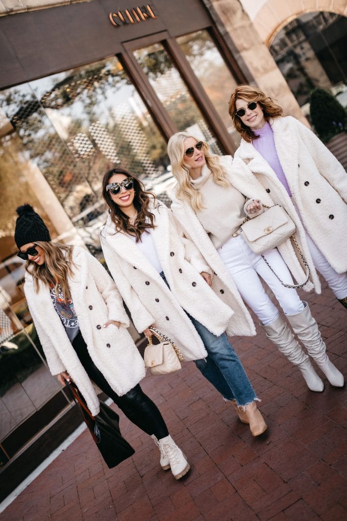 Chic at every age wearing white teddy coat ad cozy winter looks