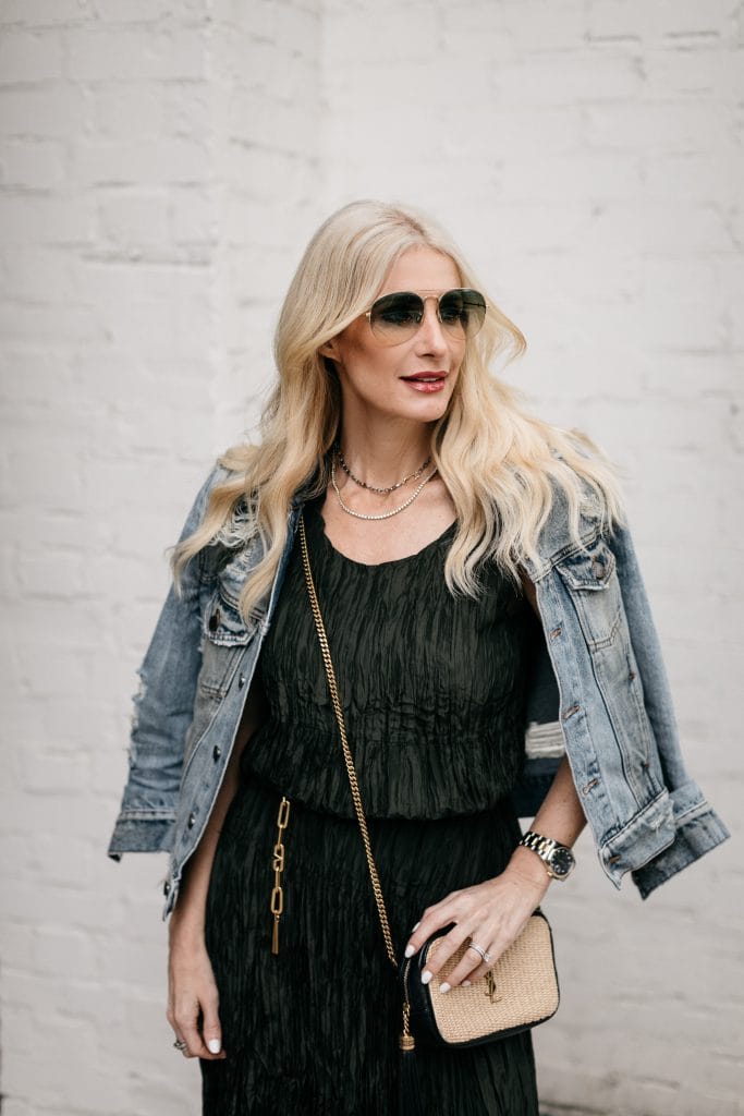 So Heather Blog Dallas style blogger wearing a vintage denim jacket and olive green Eileen Fisher dress