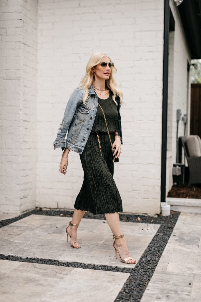 So Heather Blog wearing a versatile olive green dress by Eileen Fisher and a denim jacket for spring