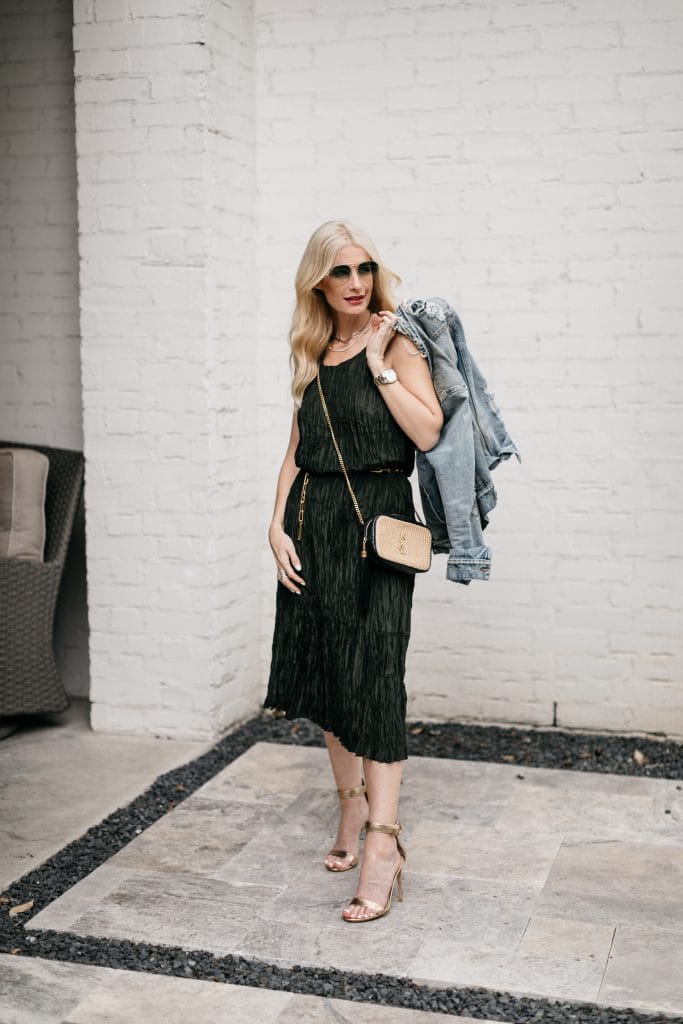 Dallas fashion blogger wearing gold heels and a YSL woven handbag for spring