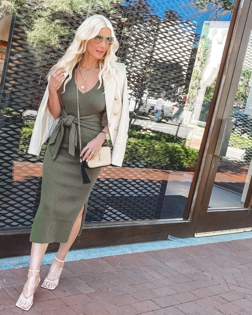 So Heather Blog Dallas blogger wearing an olive green midi dress and a white jacket