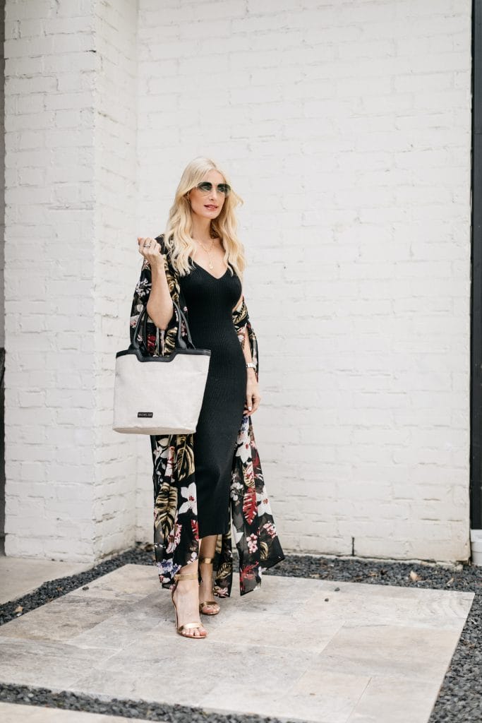 So Heather blog wearing a chic black midi dress and a white bag from the Rachel Zoe Summer Curateur Box