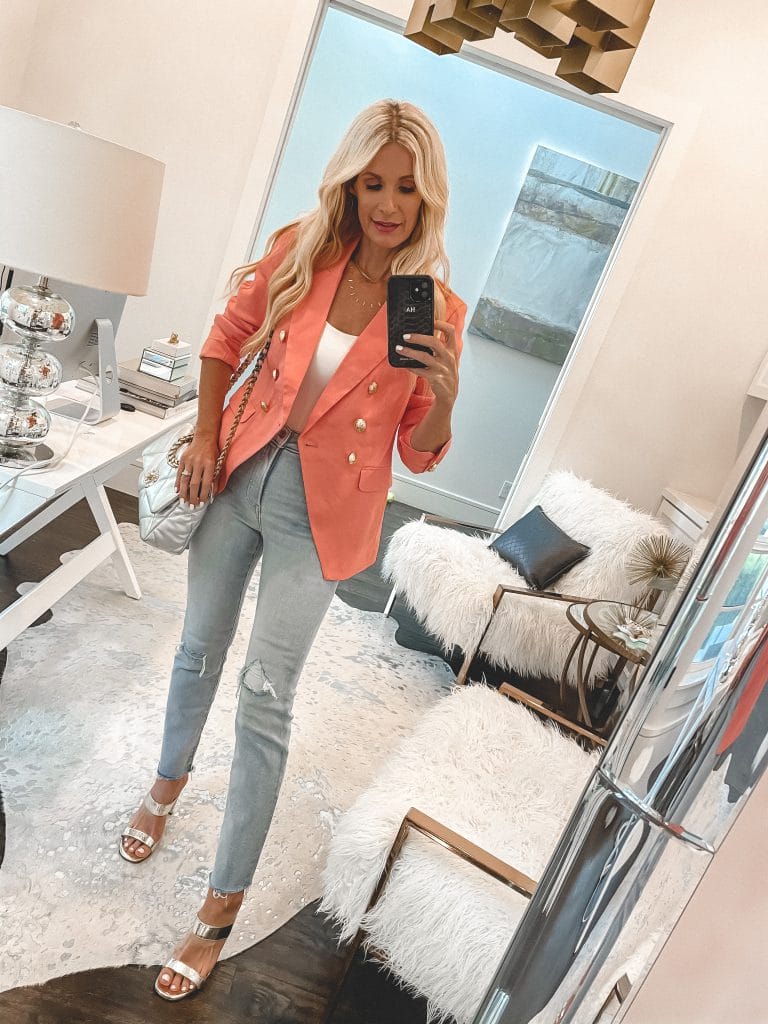 Dallas fashion blogger wearing a coral blazer from Express