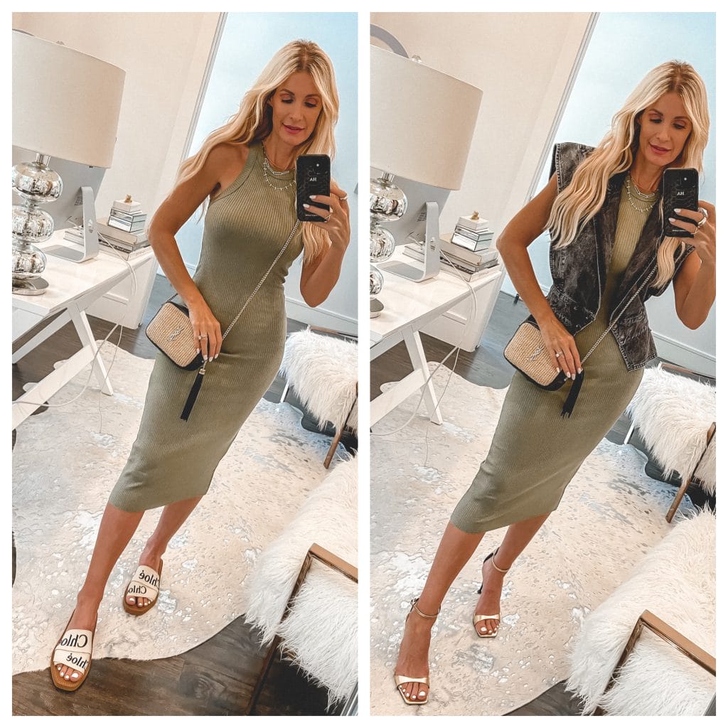 Dallas Fashion Blogger wearing a green midi dress and Chloe slides