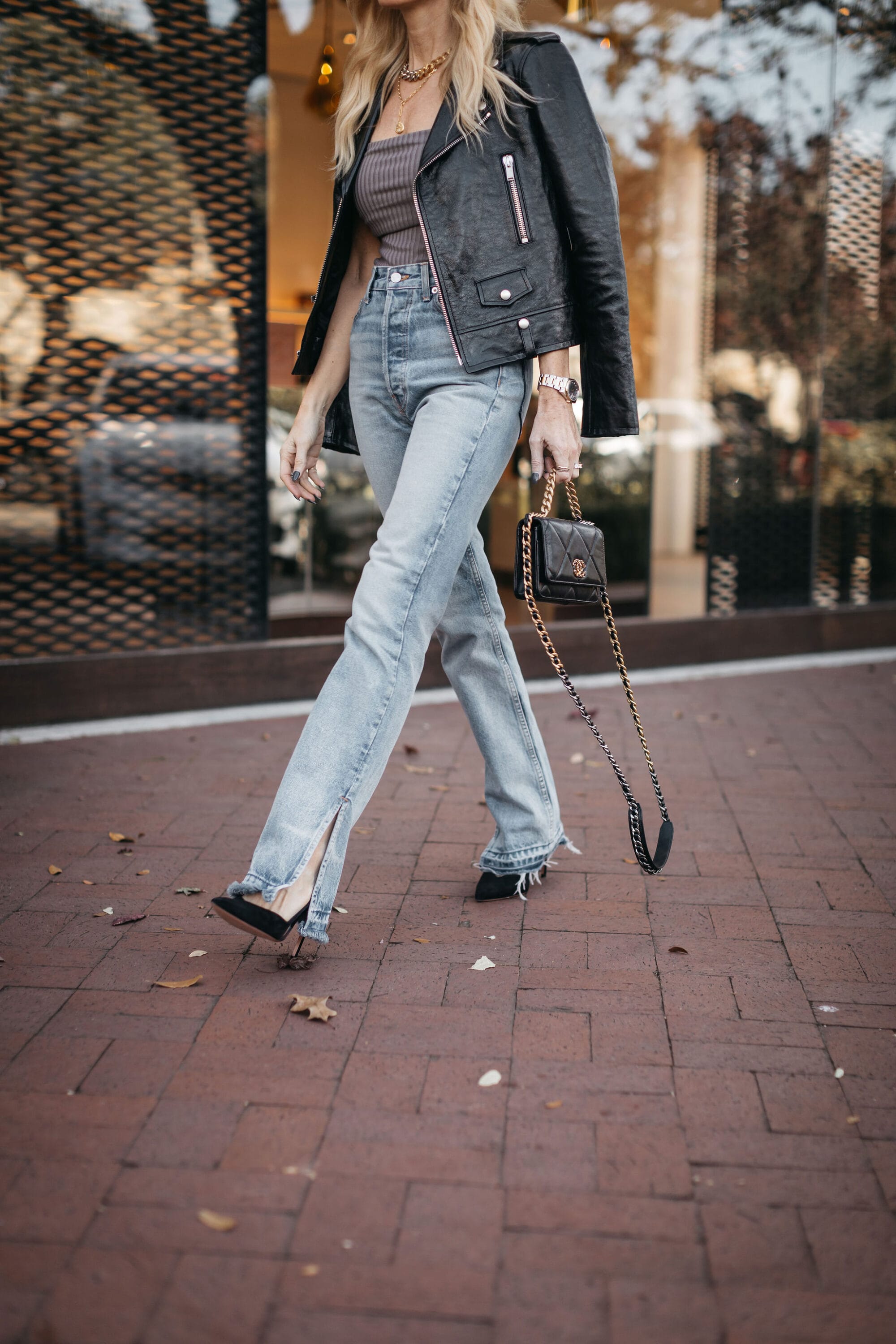 Dallas fashion blogger over 40 wearing EB Two unraveled denim as best denim for women over 40
