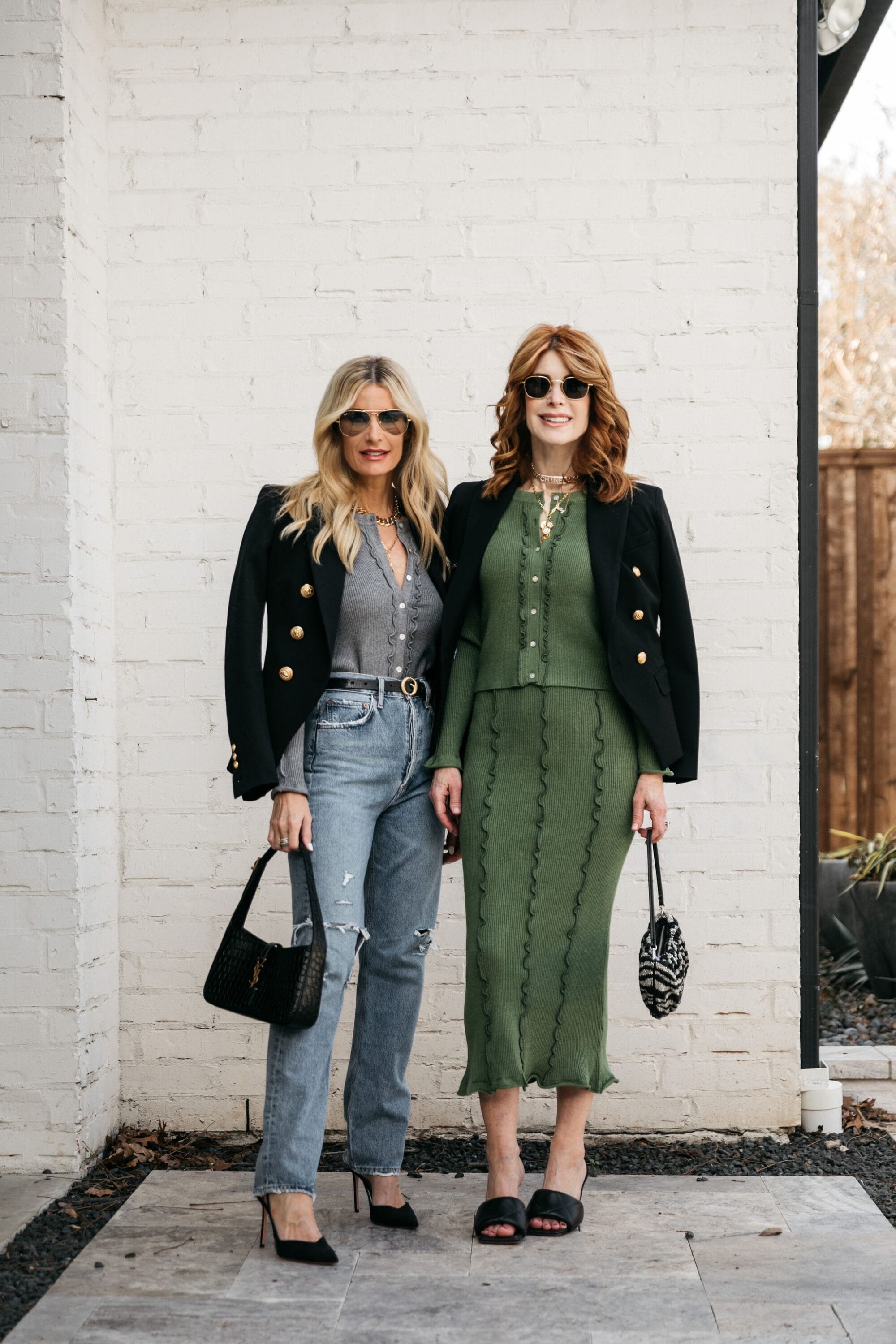 Dallas Fashion bloggers over 40 wearing designer blazer and dupe