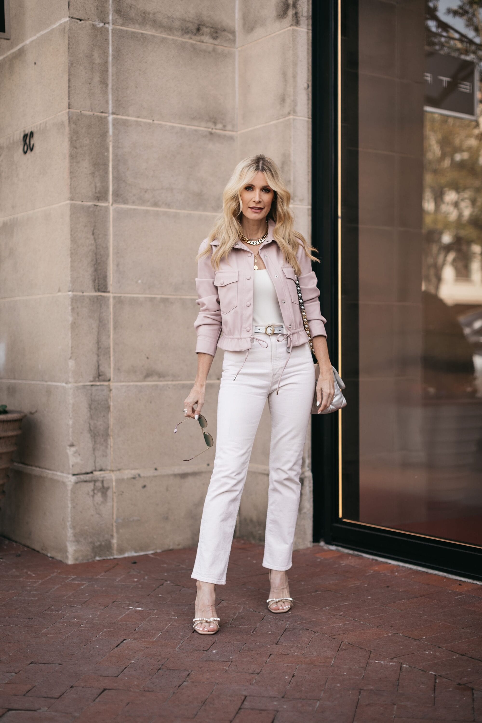 Dallas fashion blogger over 40 wearing all white with lavender jacket