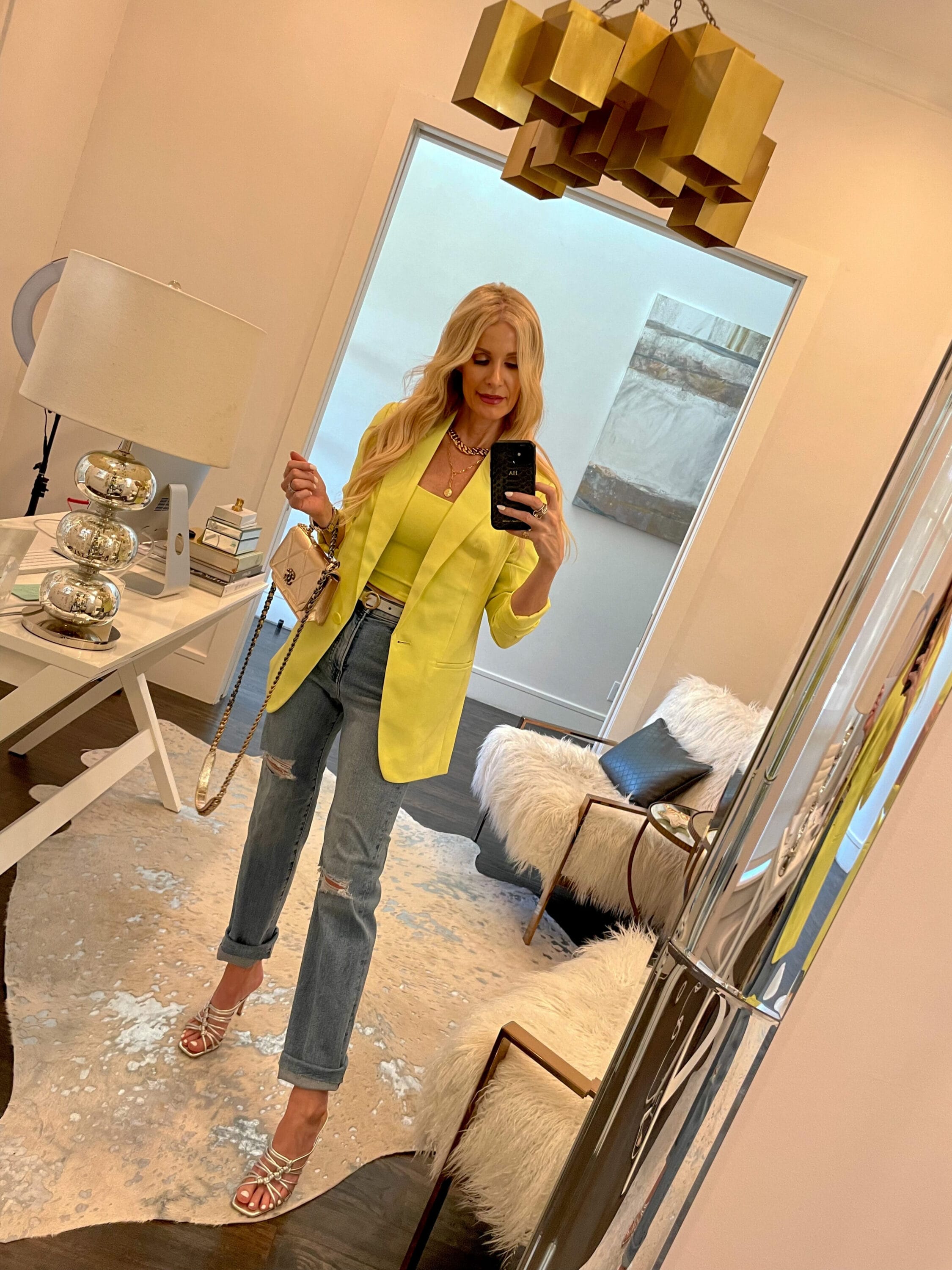 Dallas fashion blogger wearing bright bold blazer and express jeans