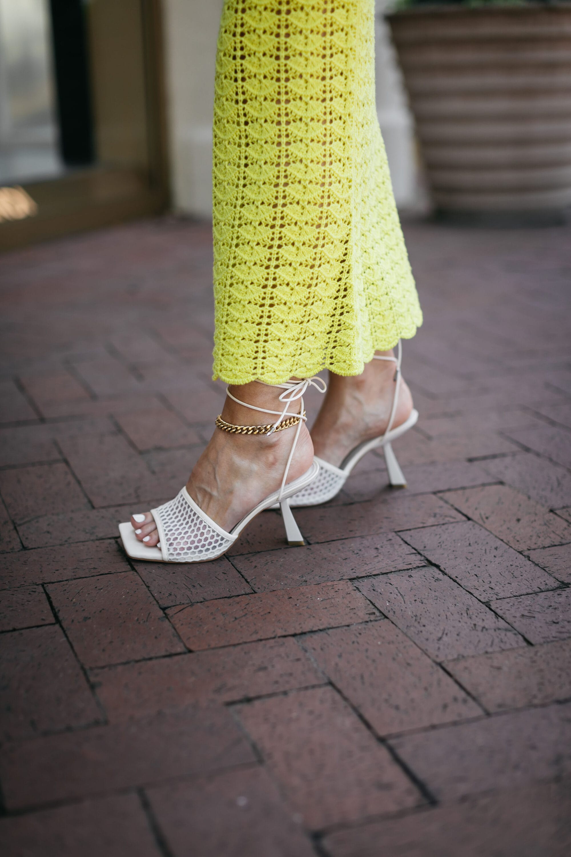 Dallas woman over 40 wearing April's top 5 best sellers mesh lace up heels