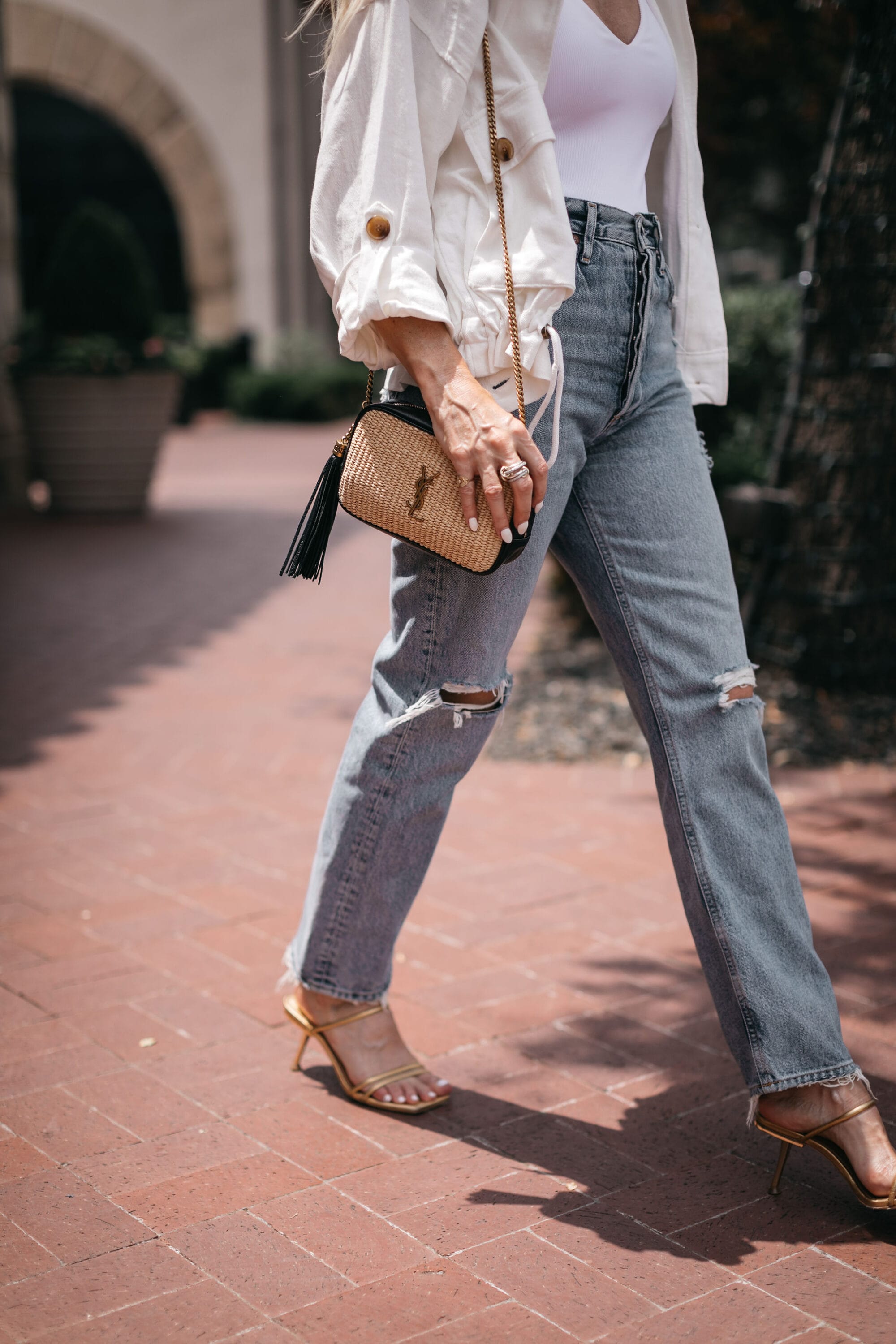 Dallas woman over 40 wearing metallic heels as a summer wardrobe essential