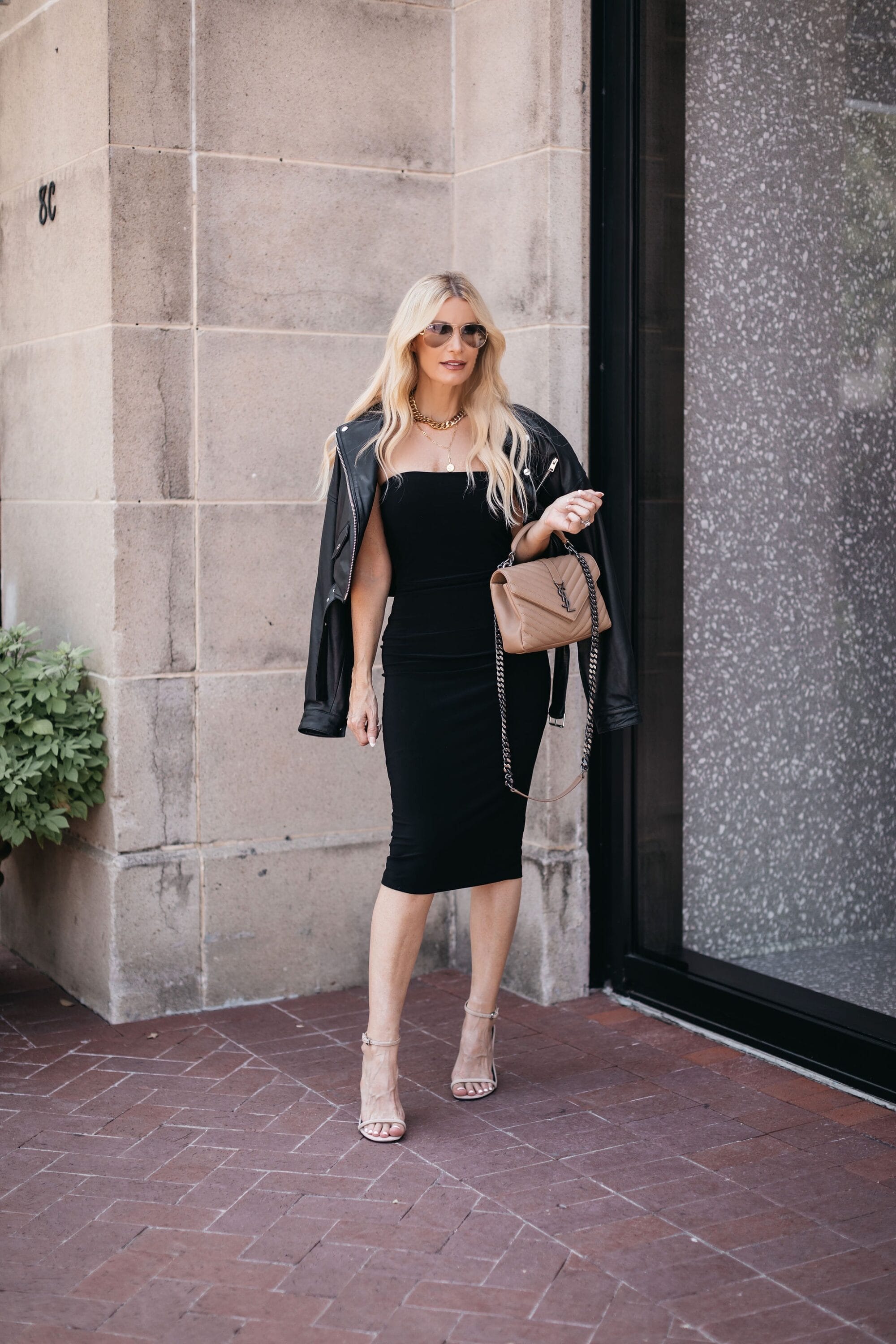 Dallas fashion blogger over 40 wearing timeless black dress