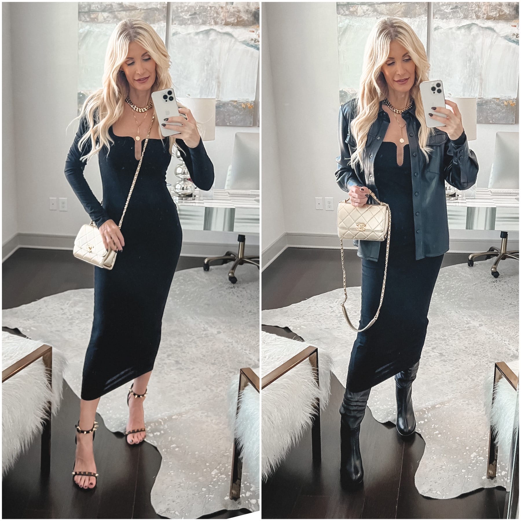 Dallas fashion blogger over 40 wearing Good American u-ring long sleeve body-con LBD alone and styled with faux leather shirt jacket.