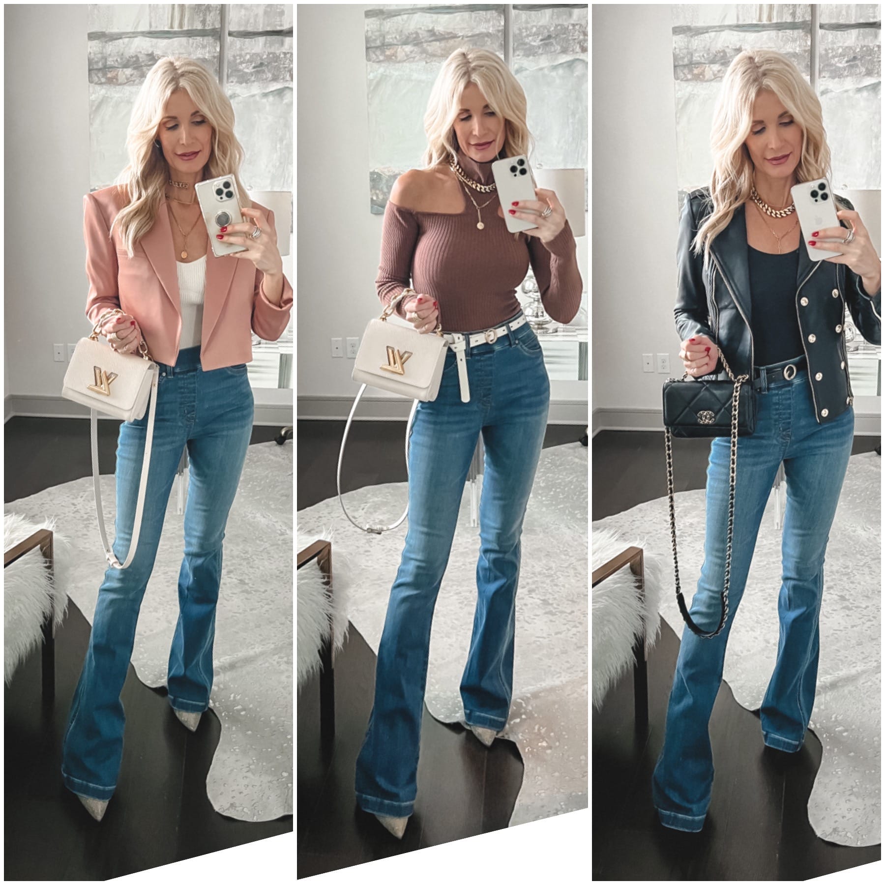 Over 40 fashion blogger wearing spanx jeans as one of January's top sellers.