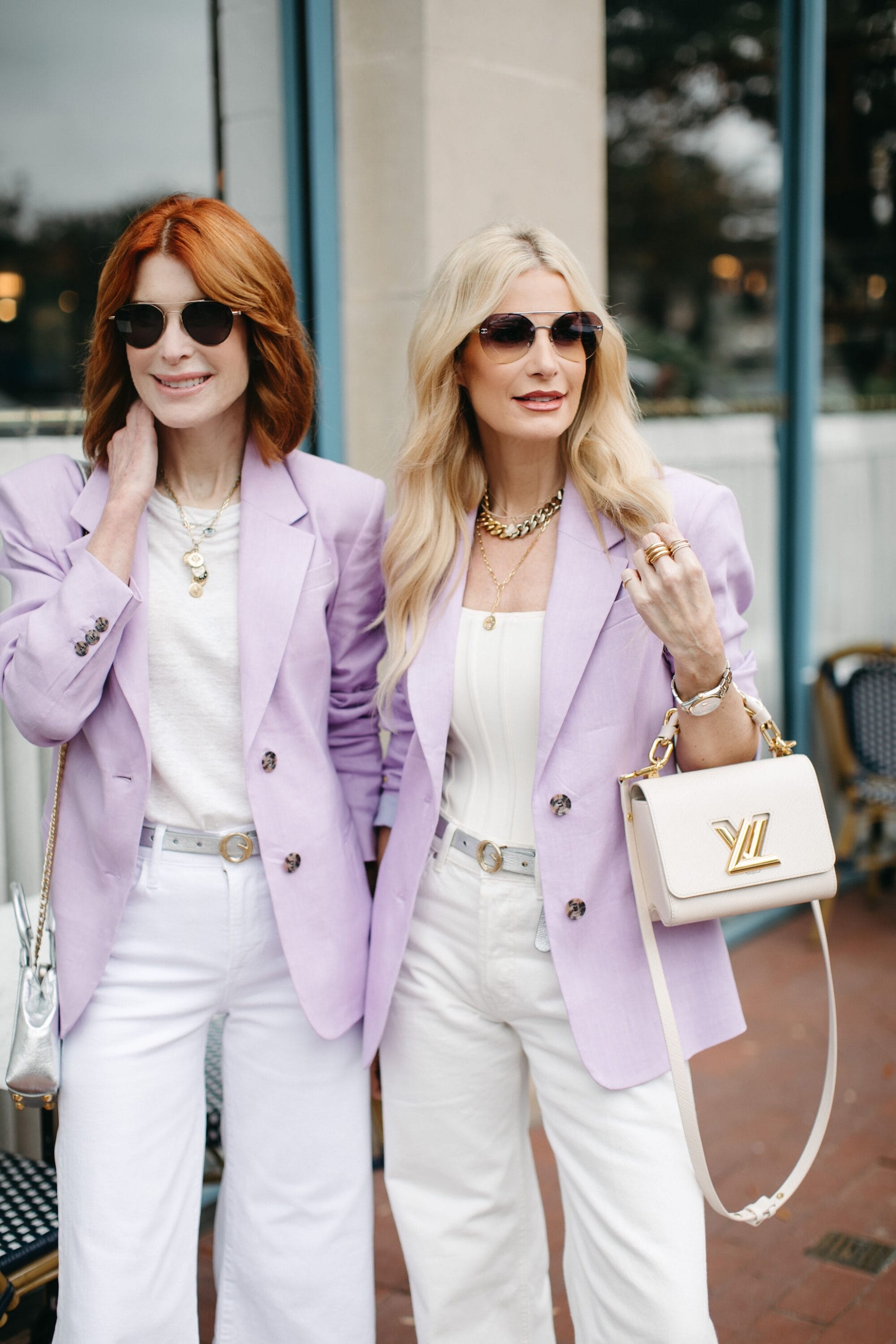 Over 40 fashion bloggers from Dallas wearing lavender blazers with white tops as one of 2 ways to style white denim.