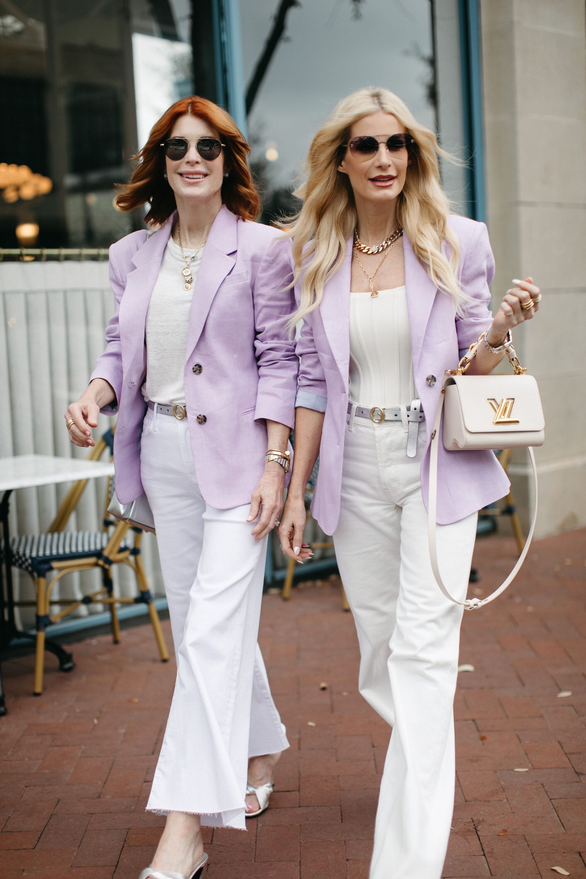 Dallas women over 40 wearing Frame lavender blazers with white denim.