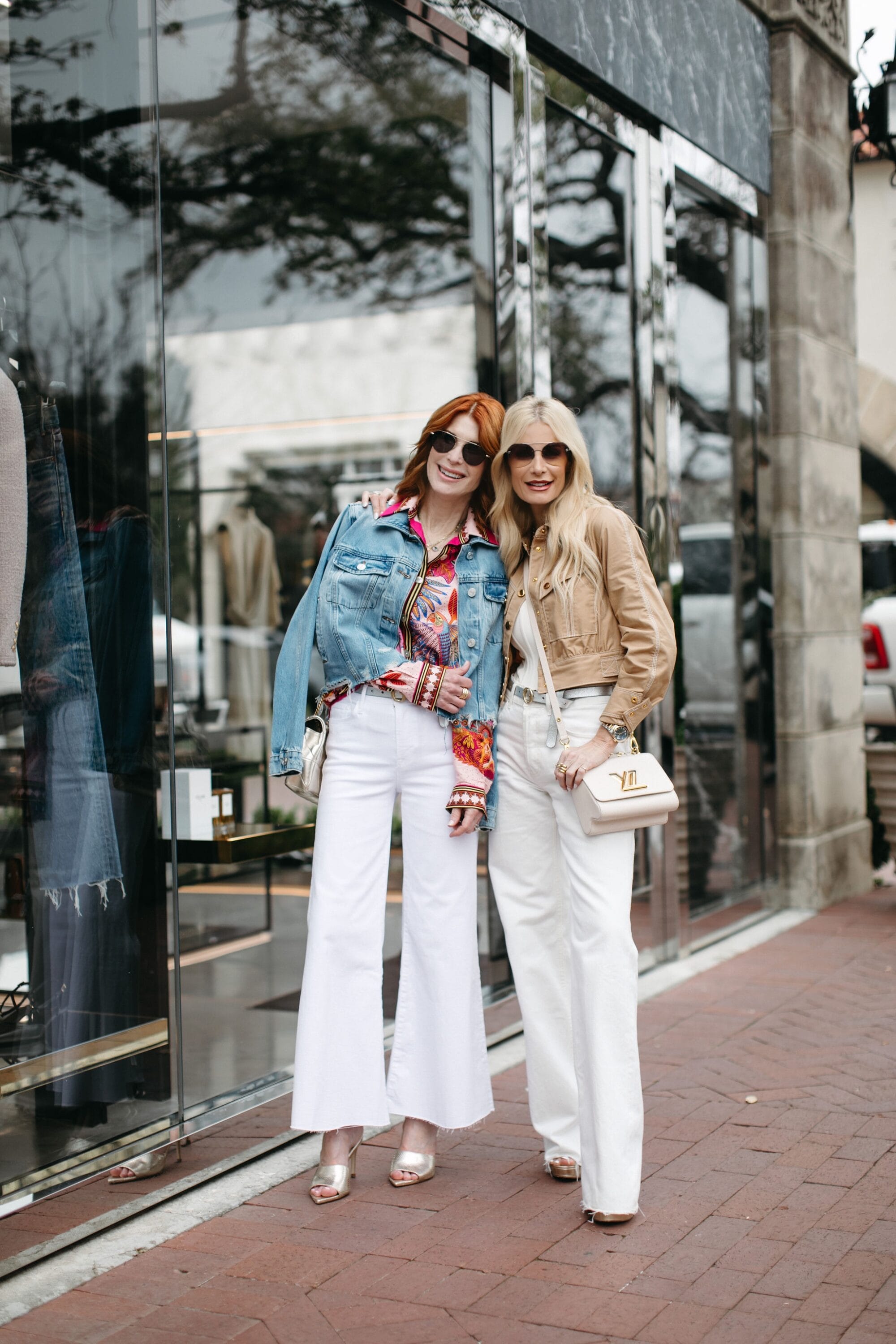 Cathy from the Middle page with Heather from SoHeather both wearing white denim with spring jackets as one of 2 ways to style white denim.