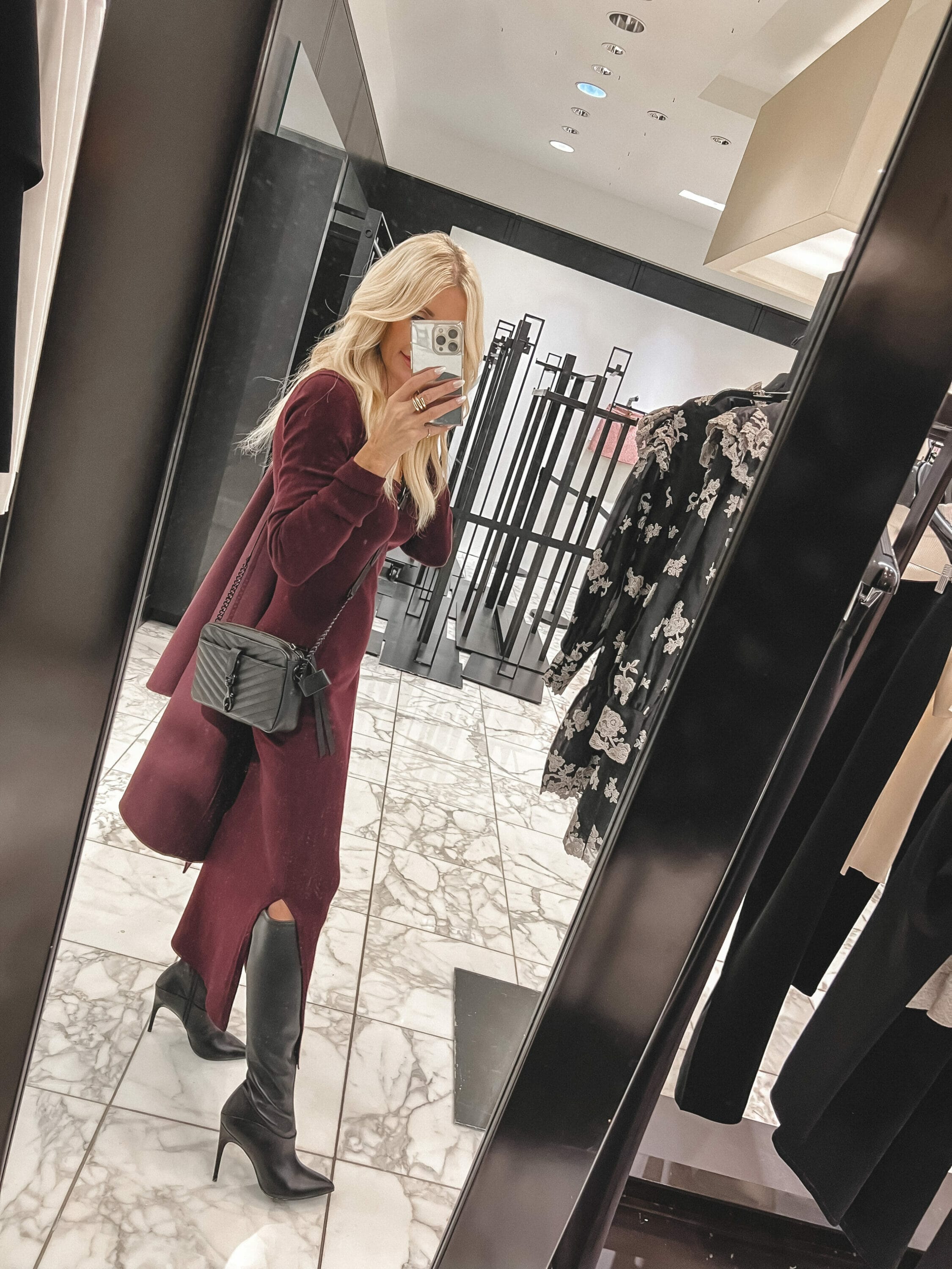 Over 40 fashion blogger wearing burgundy dress with Caterina Boots as a pair of the best shoes part of the nordstrom anniversary sale.