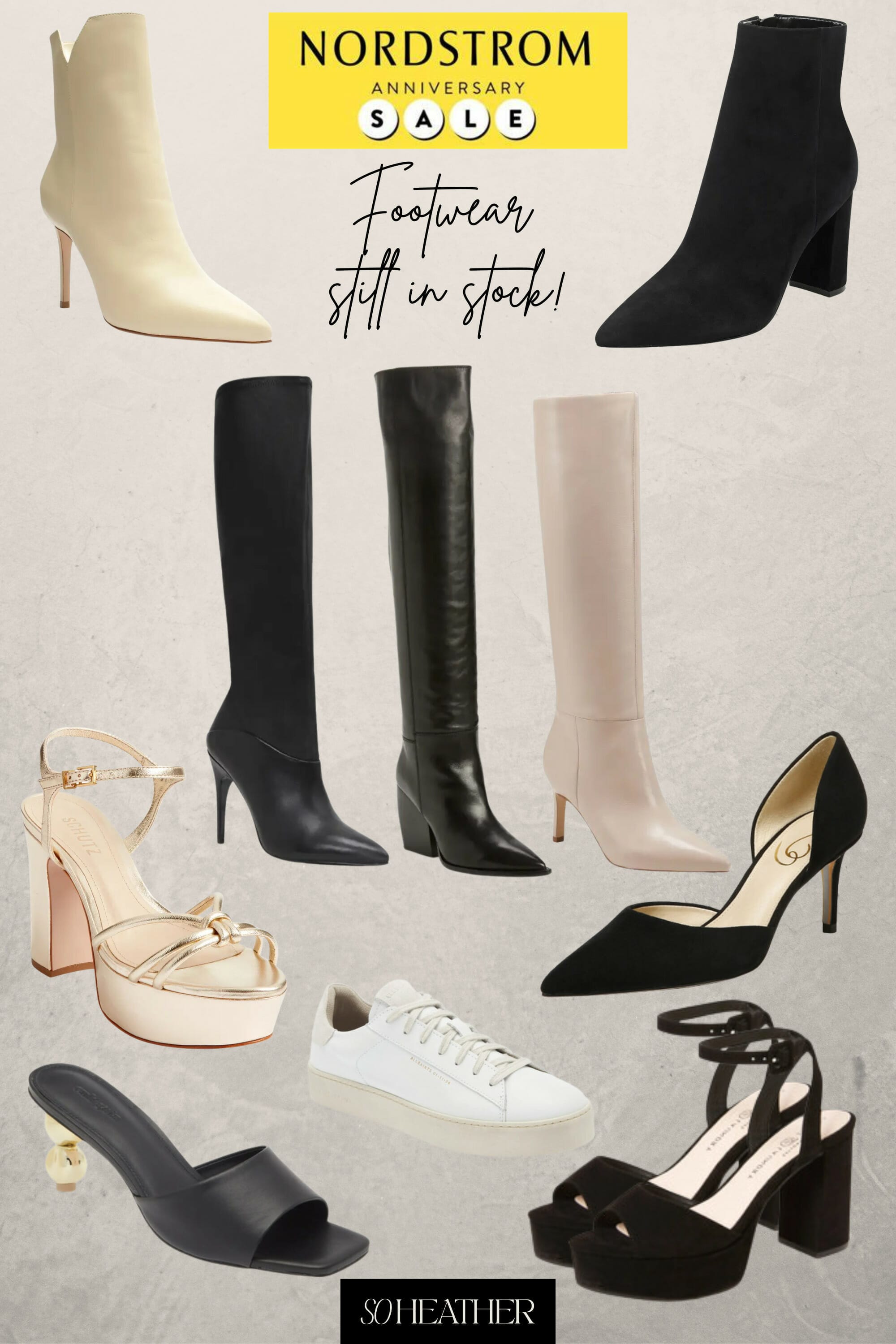 Flat lay collage with 10 pairs of the best shoes part of the Nordstrom Anniversary sale.