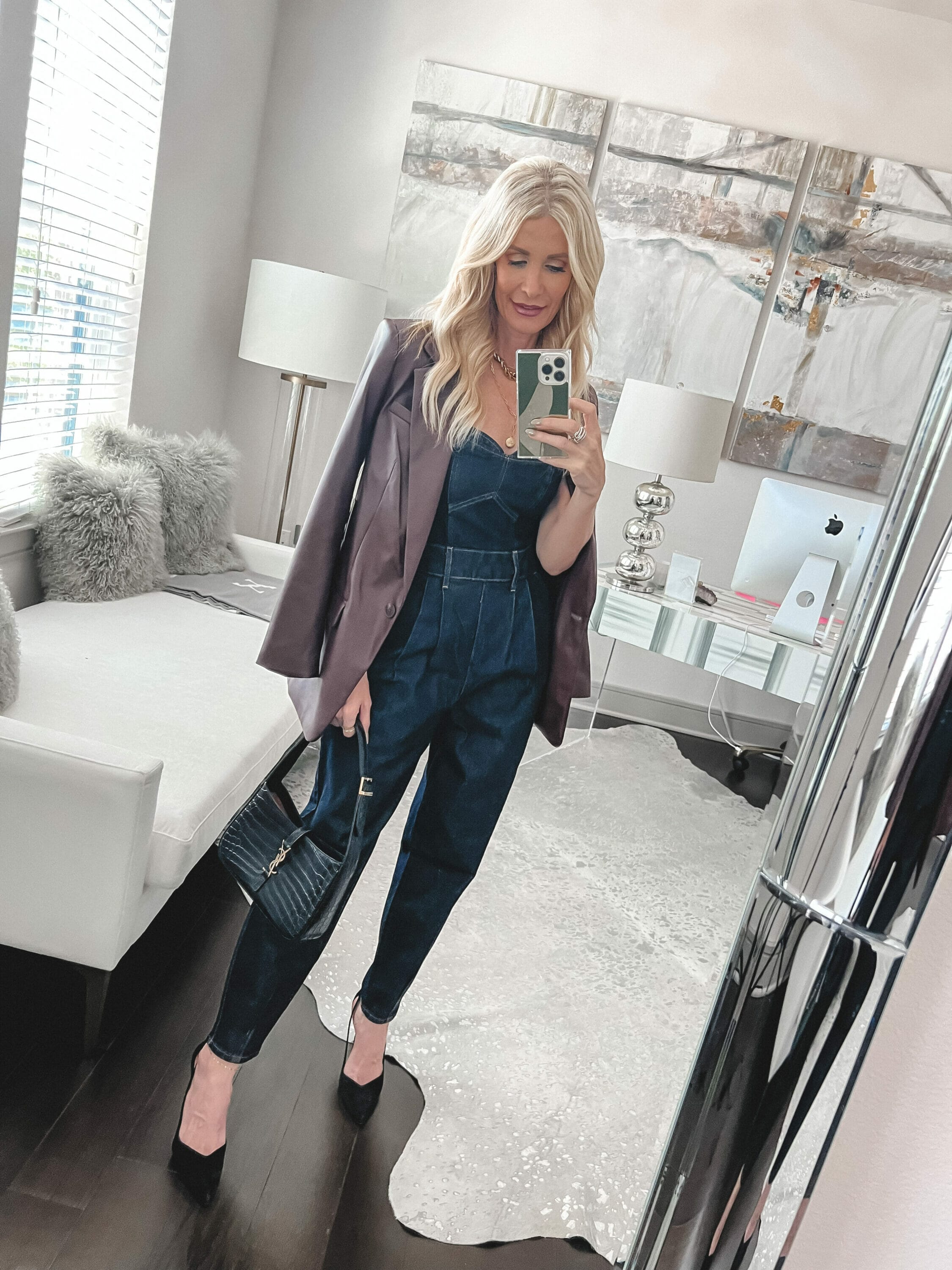 Over 40 Dallas fashion influencer wearing a denim jumpsuit as one of 7 chic looks from Express.
